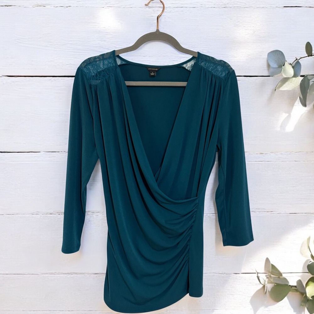 Ann Taylor Teal Low Cut Wrap Top Large